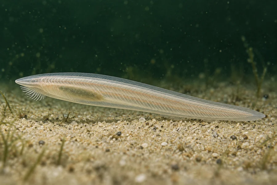 Scientific editorial illustration of the lancelet Branchiostoma floridae on marine sediment