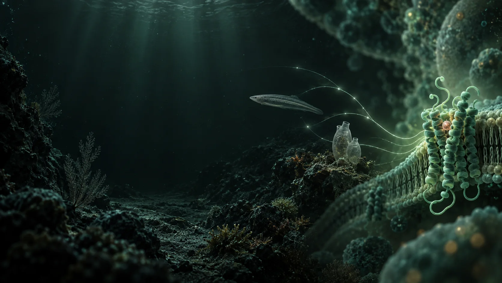 Conceptual illustration of a marine environment with a lancelet, tunicates, and a transmembrane protein
