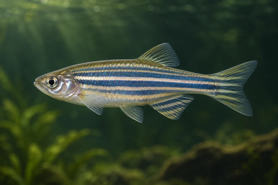 Scientific editorial illustration of the zebrafish Danio rerio as a representative vertebrate