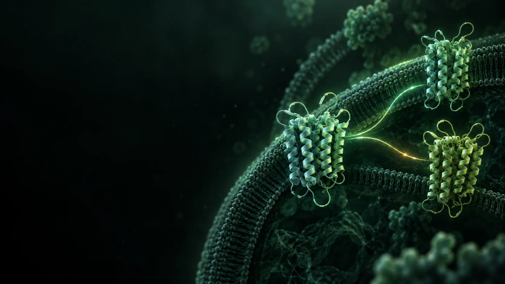Conceptual illustration of three transmembrane receptors associated with a molecular branching event